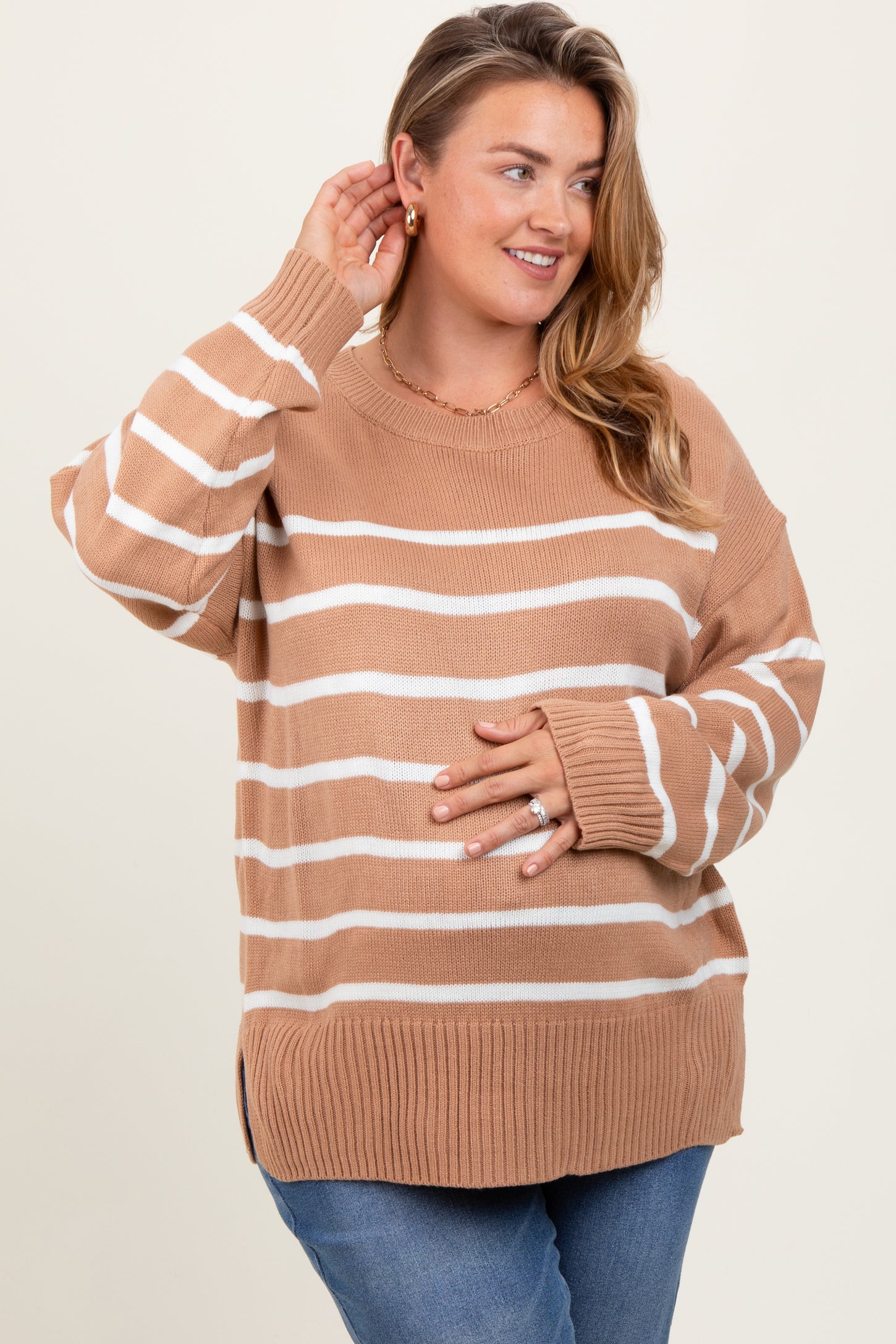 Taupe Striped Side Slit Maternity Plus Sweater