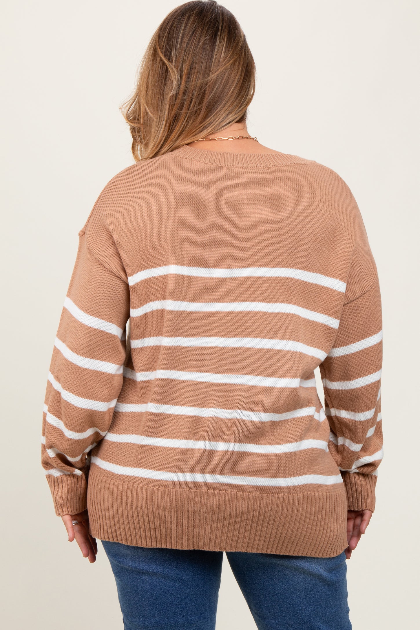 Taupe Striped Side Slit Maternity Plus Sweater