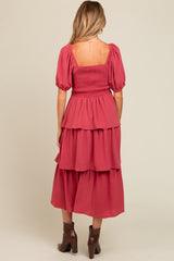 Magenta Smocked Body Ruffled Tiered Maternity Midi Dress