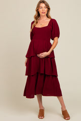 Burgundy Smocked Body Ruffled Tiered Maternity Midi Dress
