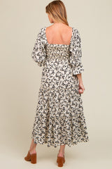 Cream Smocked Tiered Pocketed Maternity Midi Dress