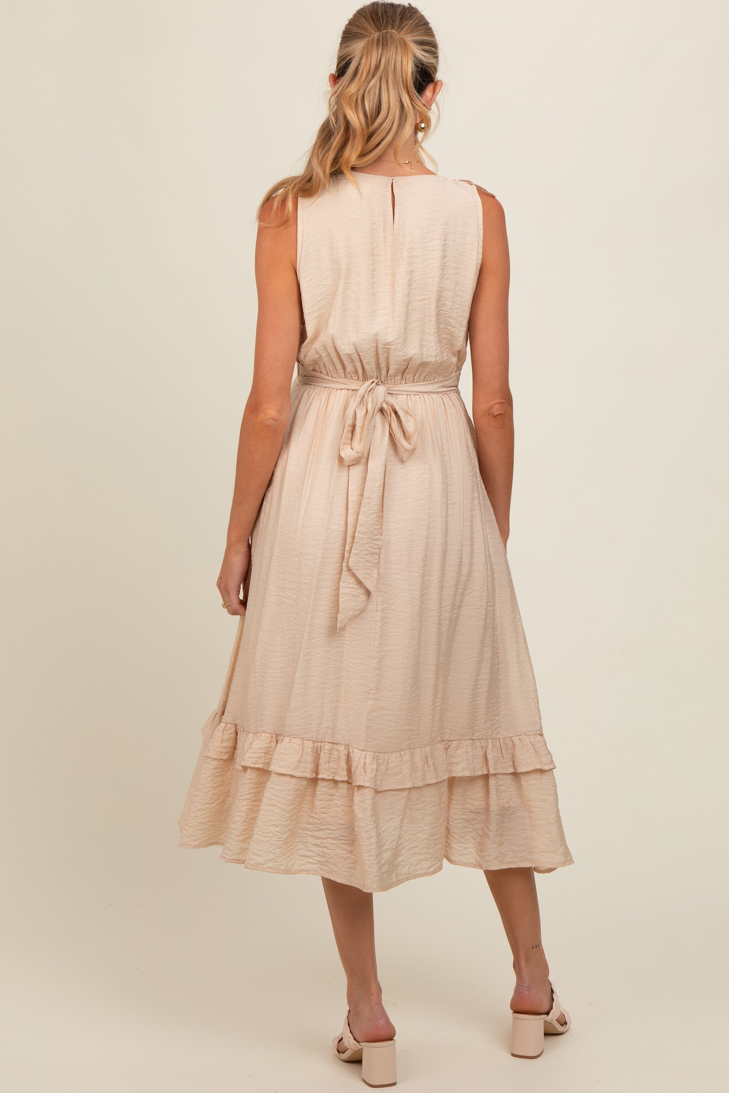 Beige Texture Ruffle Accent Maternity Midi Dress