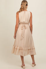 Beige Texture Ruffle Accent Maternity Midi Dress