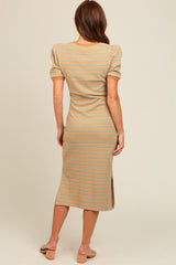 Beige Multi Striped Puff Sleeve Midi Dress