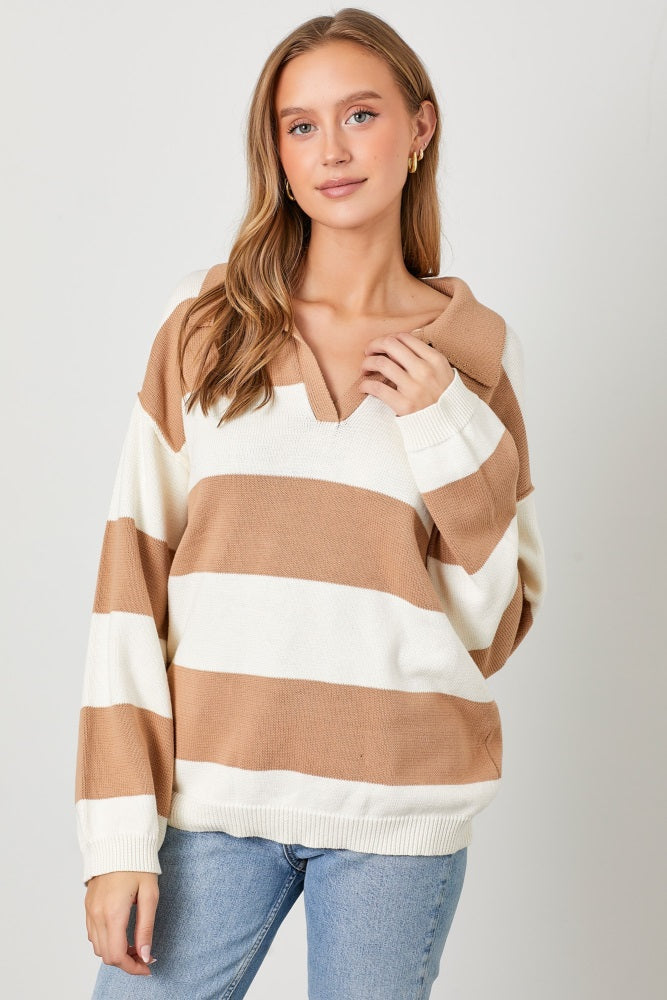 Camel Wide Stripe Polo Maternity Sweater