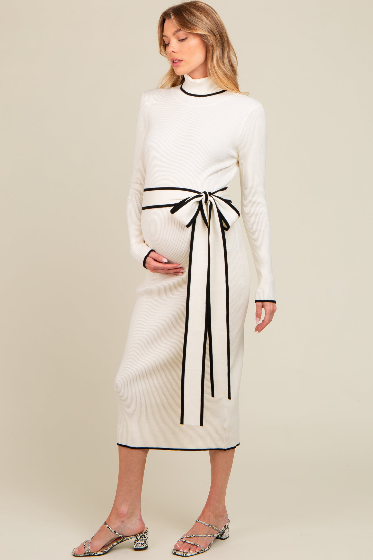 Ivory Contrast Trim Turtleneck Maternity Sweater Dress