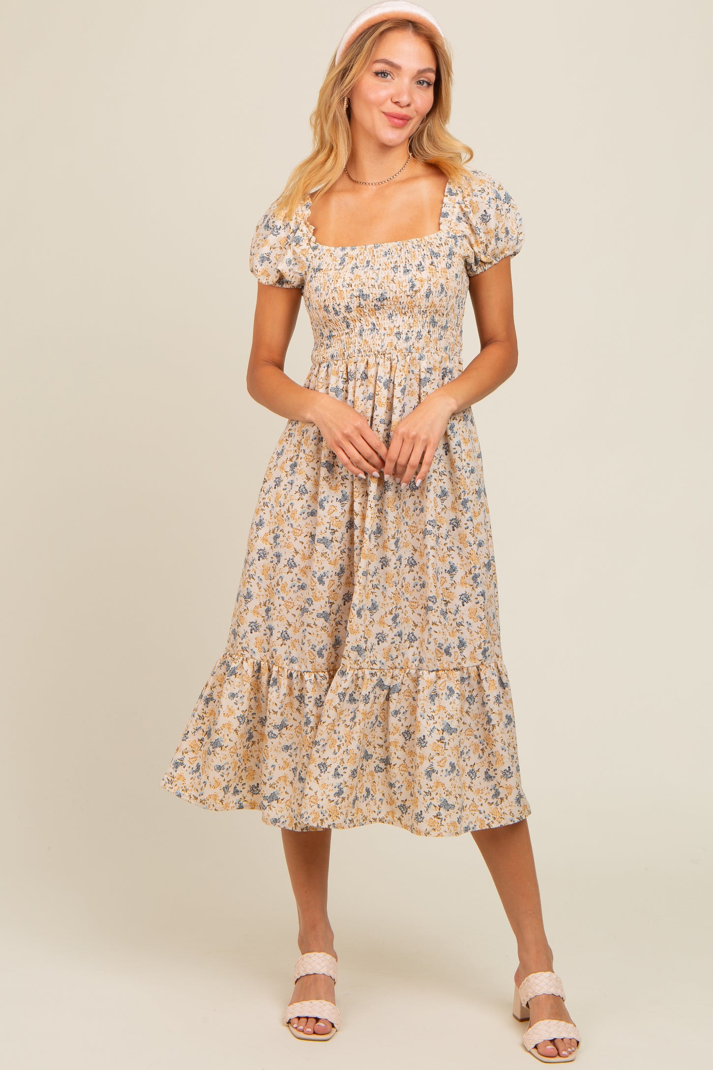 Cream Floral Smocked Ruffle Hem Maternity Midi Dress