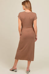 Brown Striped Gathered Waist Maternity Dress