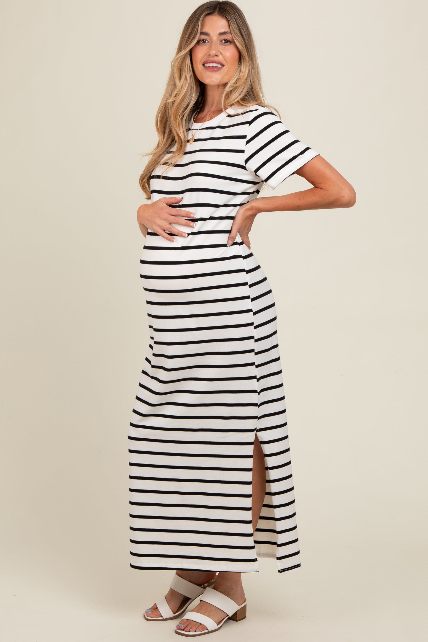 White Striped Side Slit Maternity Maxi Dress