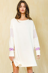 Cream Lavender Color-Block French Terry Knit Tunic Dress