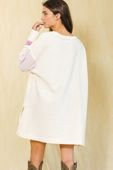 Cream Lavender Color-Block French Terry Knit Tunic Dress