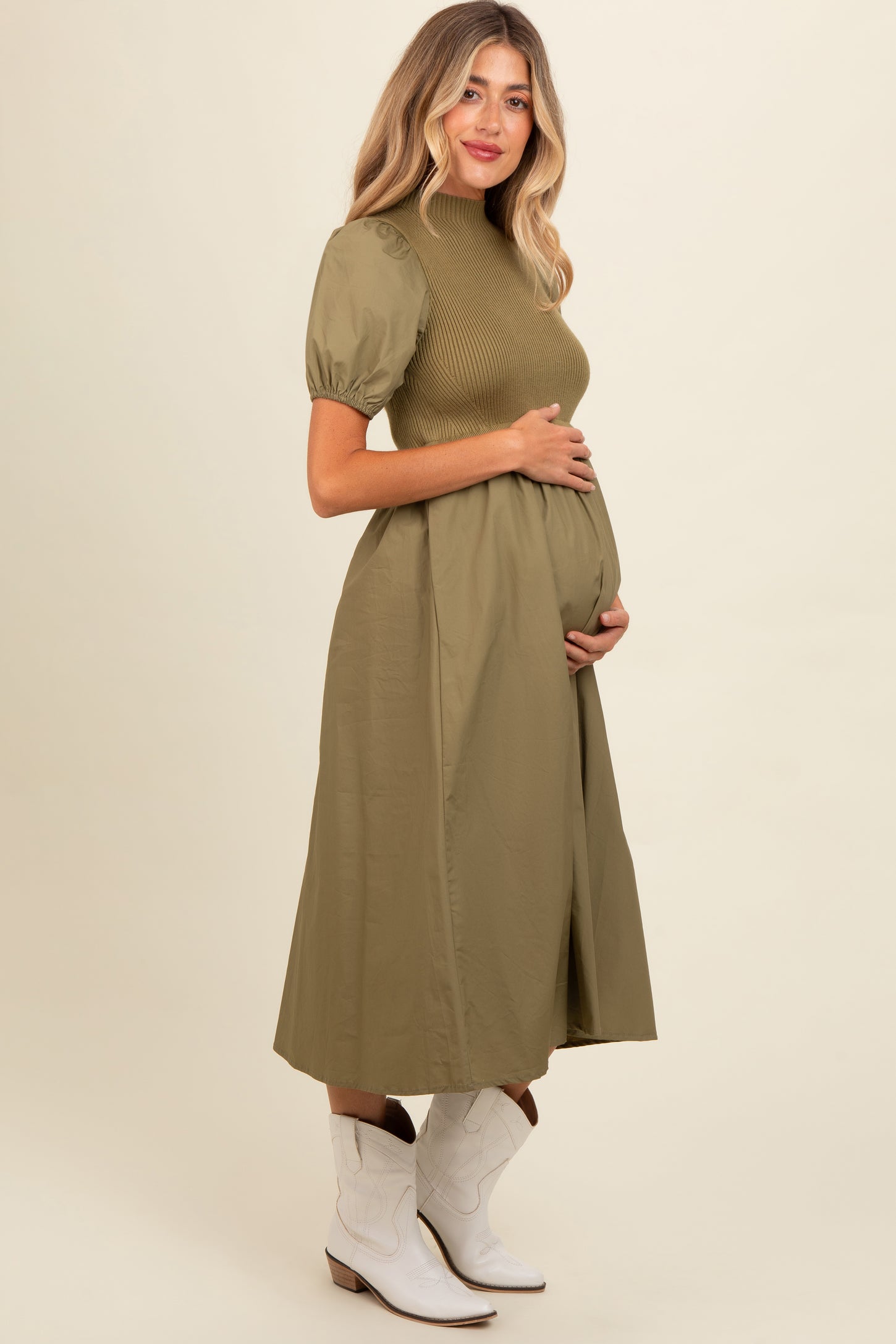 Olive Contrast Knit Bodice Maternity Midi Dress