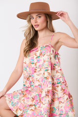 Cream Pink Print  Ruffle Detail Tiered Mini Dress