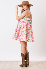 Cream Pink Print  Ruffle Detail Tiered Mini Dress