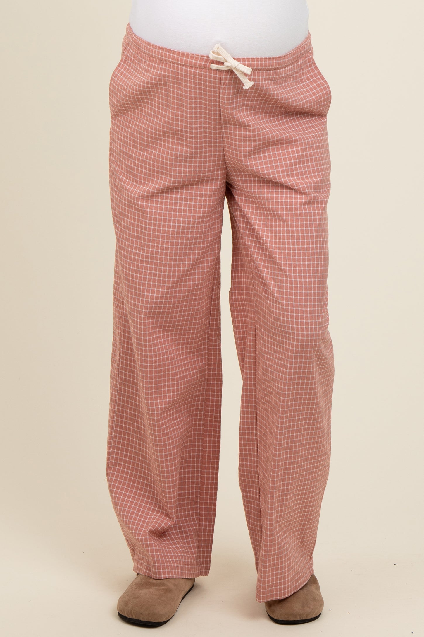 Pink Drawstring Checker Plaid Maternity Pants