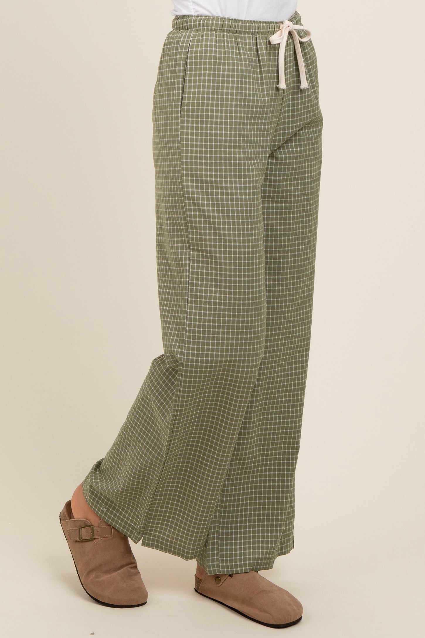 Olive Drawstring Checker Plaid Pants