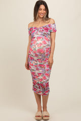 Fuchsia Floral Off Shoulder Ruched Maternity Midi Dress