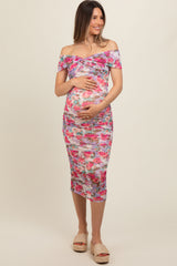 Fuchsia Floral Off Shoulder Ruched Maternity Midi Dress