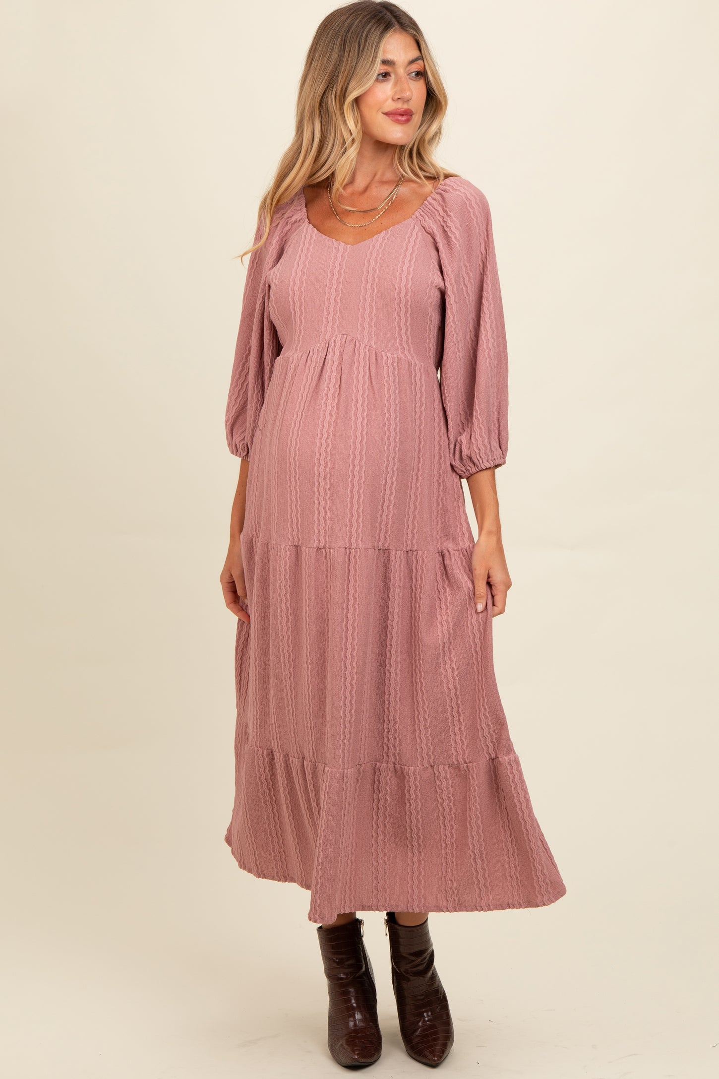 Mauve Embroidered Tiered Maternity Midi Dress