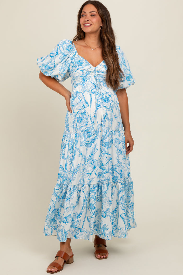Blue Floral Cinched Tie Maternity Maxi Dress
