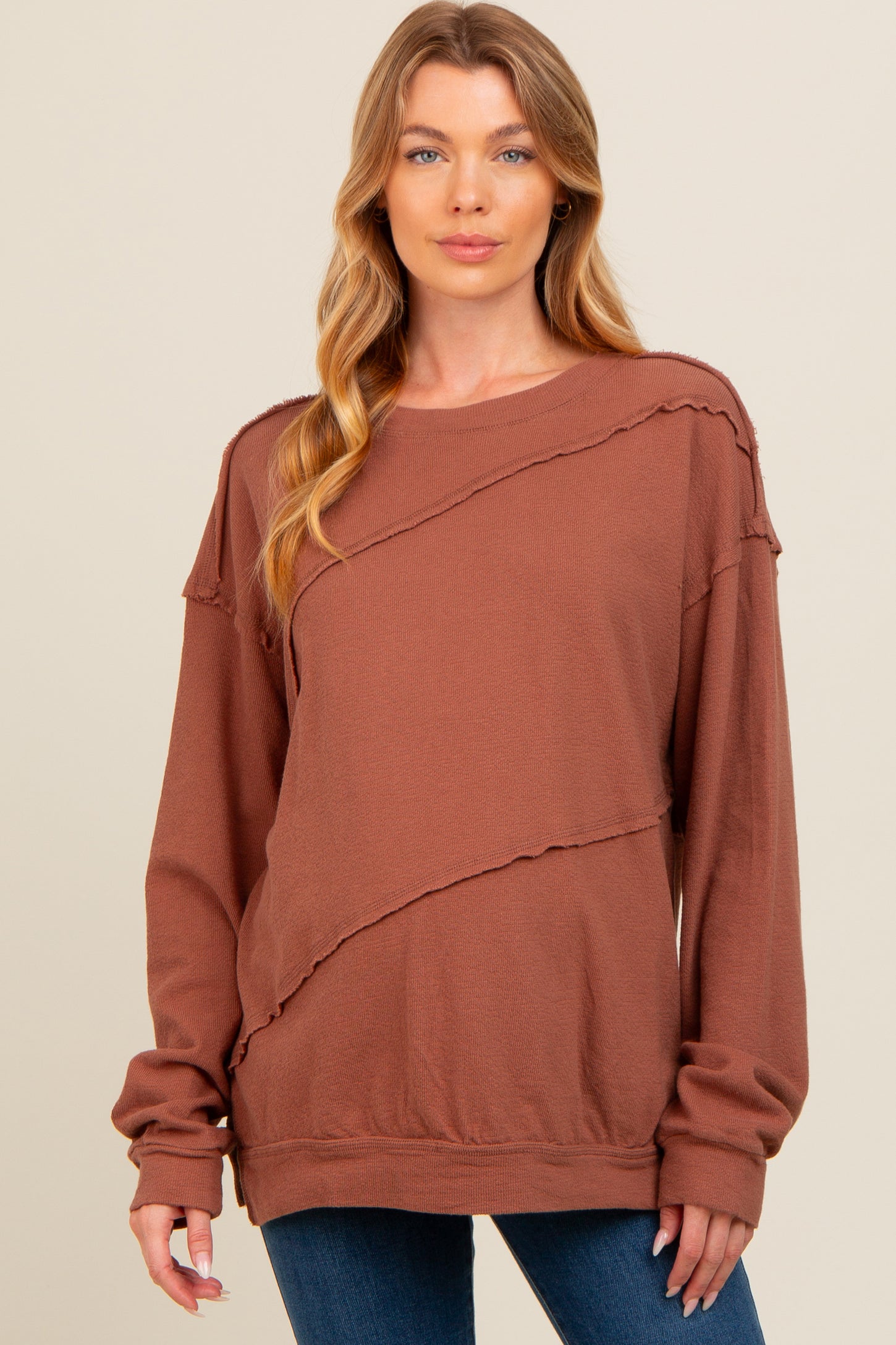 Brown Exposed Seam Dolman Sleeve Maternity Sweatshirt