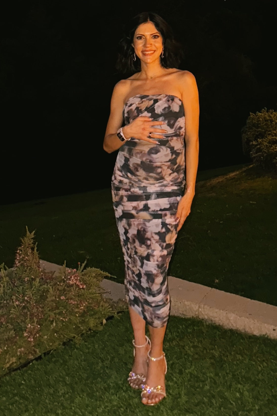 Navy Floral Ruched Fitted Maternity Midi Dress