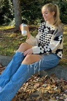 Beige Floral Mixed Print Cable Knit Sweater