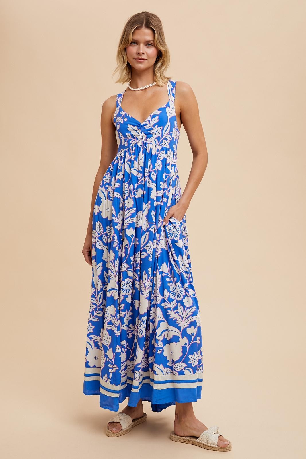 Blue Floral Cutout Back Tie Maternity Maxi Dress