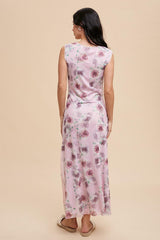 Lavender Rose Print Ruched Mesh Dress