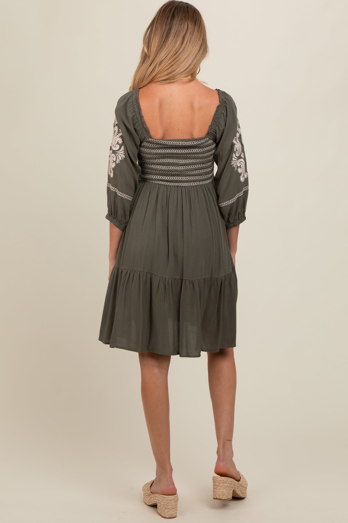 Olive Smocked Embroidered Damask Maternity Dress