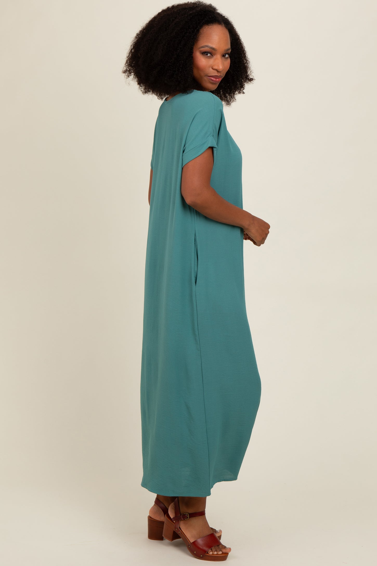 Teal Rolled Cuff Midi Dress