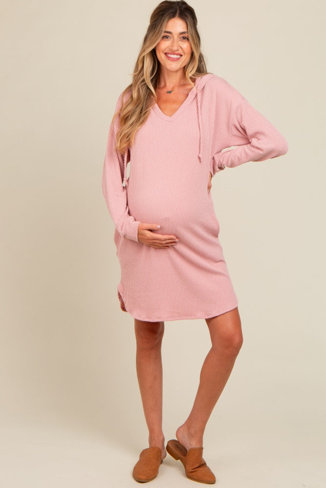 Mauve Ribbed Hoodie Maternity Dress