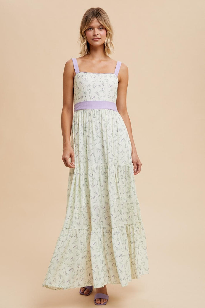 Lavender Floral Contrast Sash Tie Maternity Maxi Dress