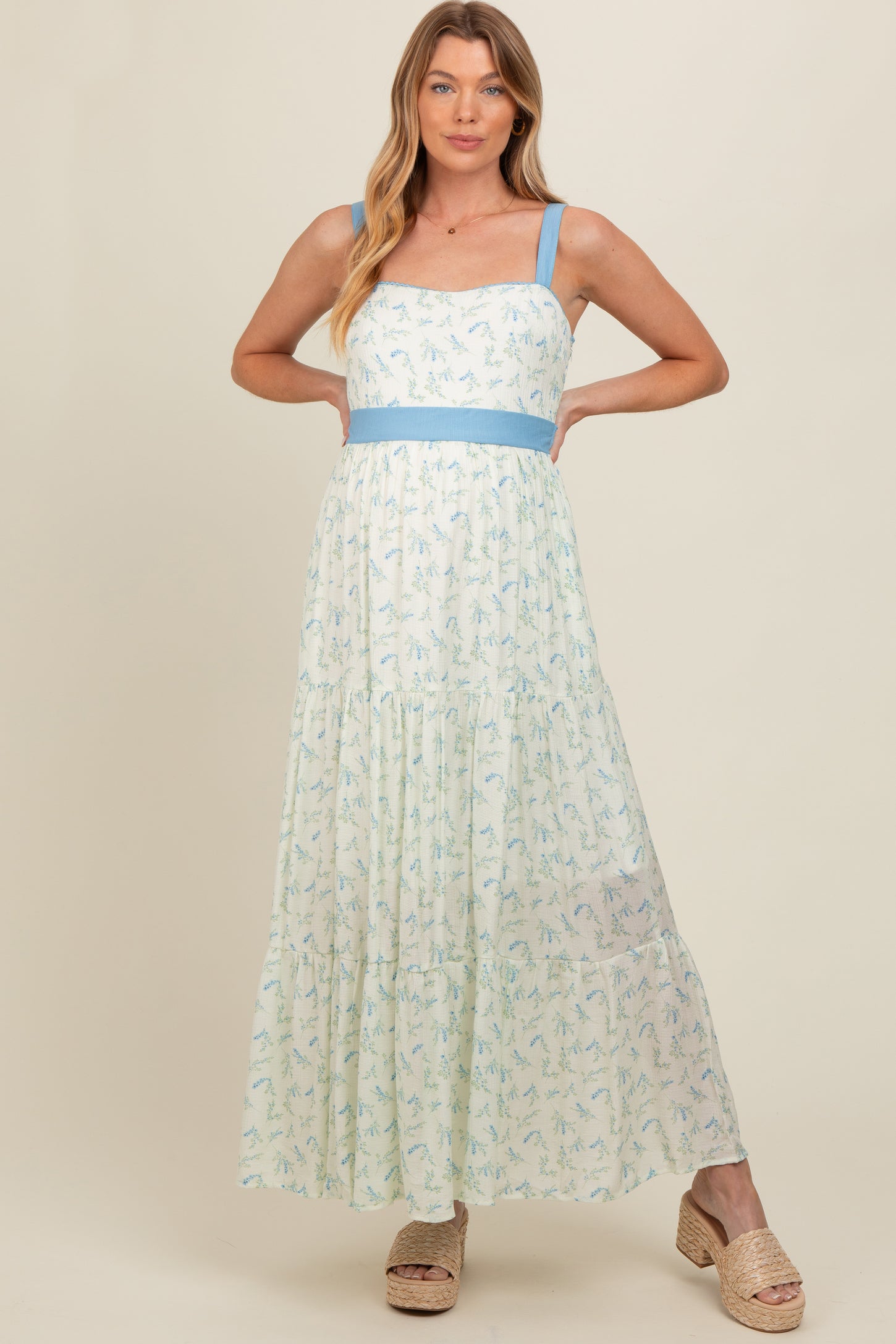 Blue Floral Contrast Sash Tie Maternity Maxi Dress