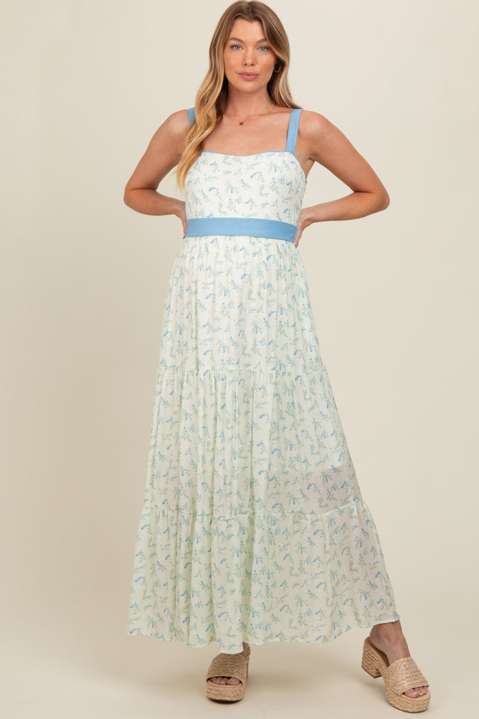 Blue Floral Contrast Sash Tie Maternity Maxi Dress