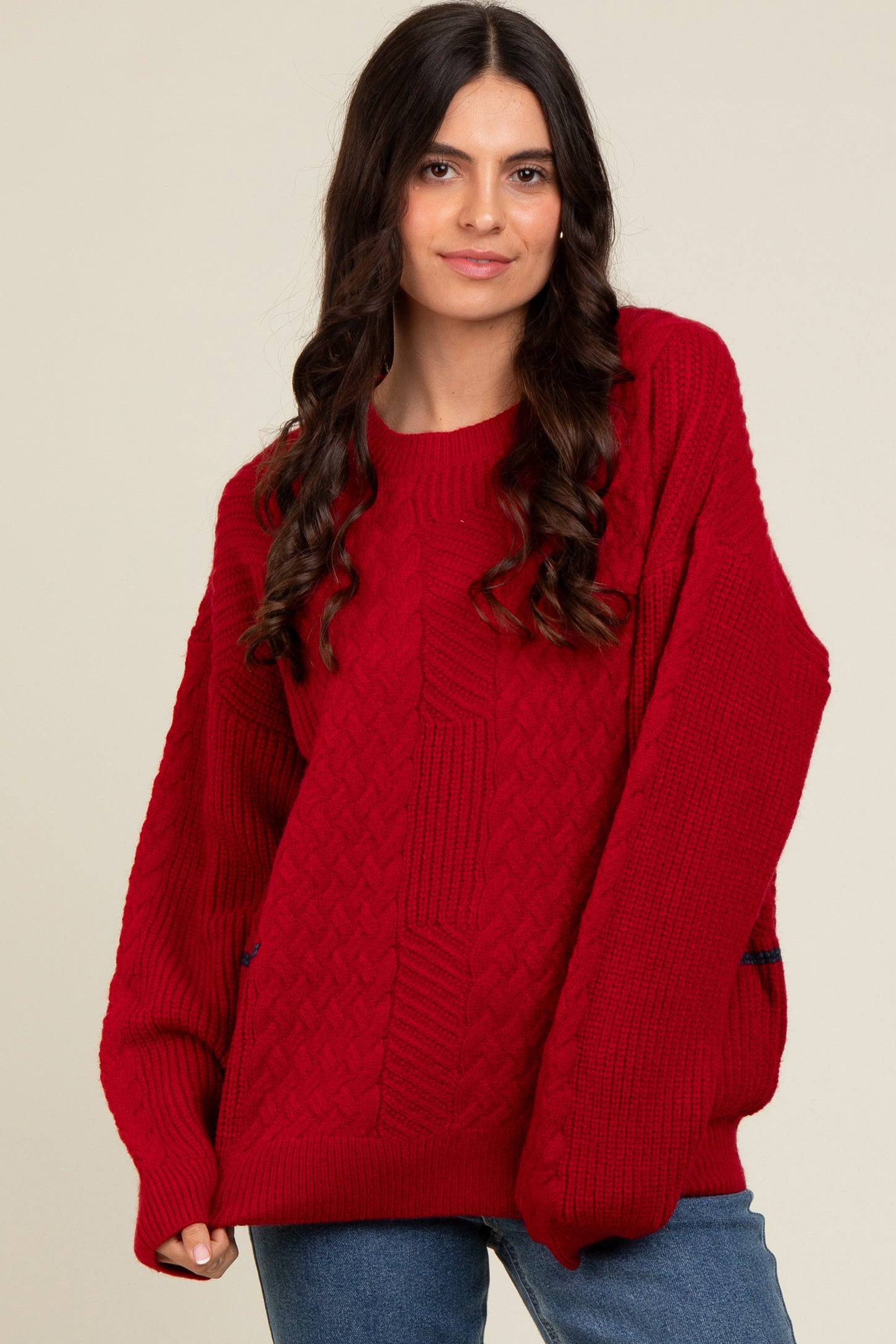 Red Striped Mixed Cable Knit Sweater