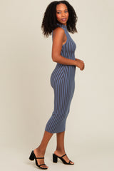 Blue Ribbed Knit Mock Neck Fitted Dress
