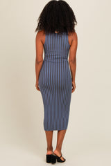 Blue Ribbed Knit Mock Neck Fitted Dress