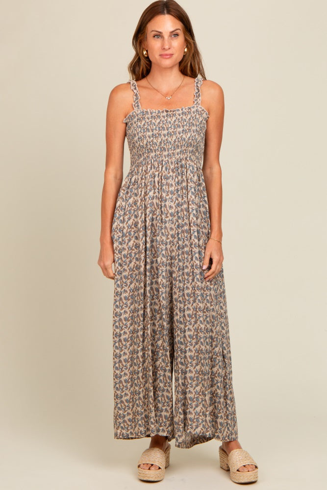 Taupe Printed Smocked Wide Leg Jumpsuit
