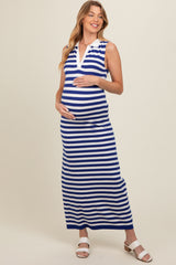 Navy Striped Knit Polo Maternity Fitted Maxi Dress