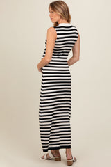 Black Striped Knit Polo Maternity Fitted Maxi Dress