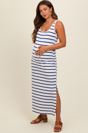 Royal Blue Striped Sleeveless Side Slit Maternity Maxi Dress