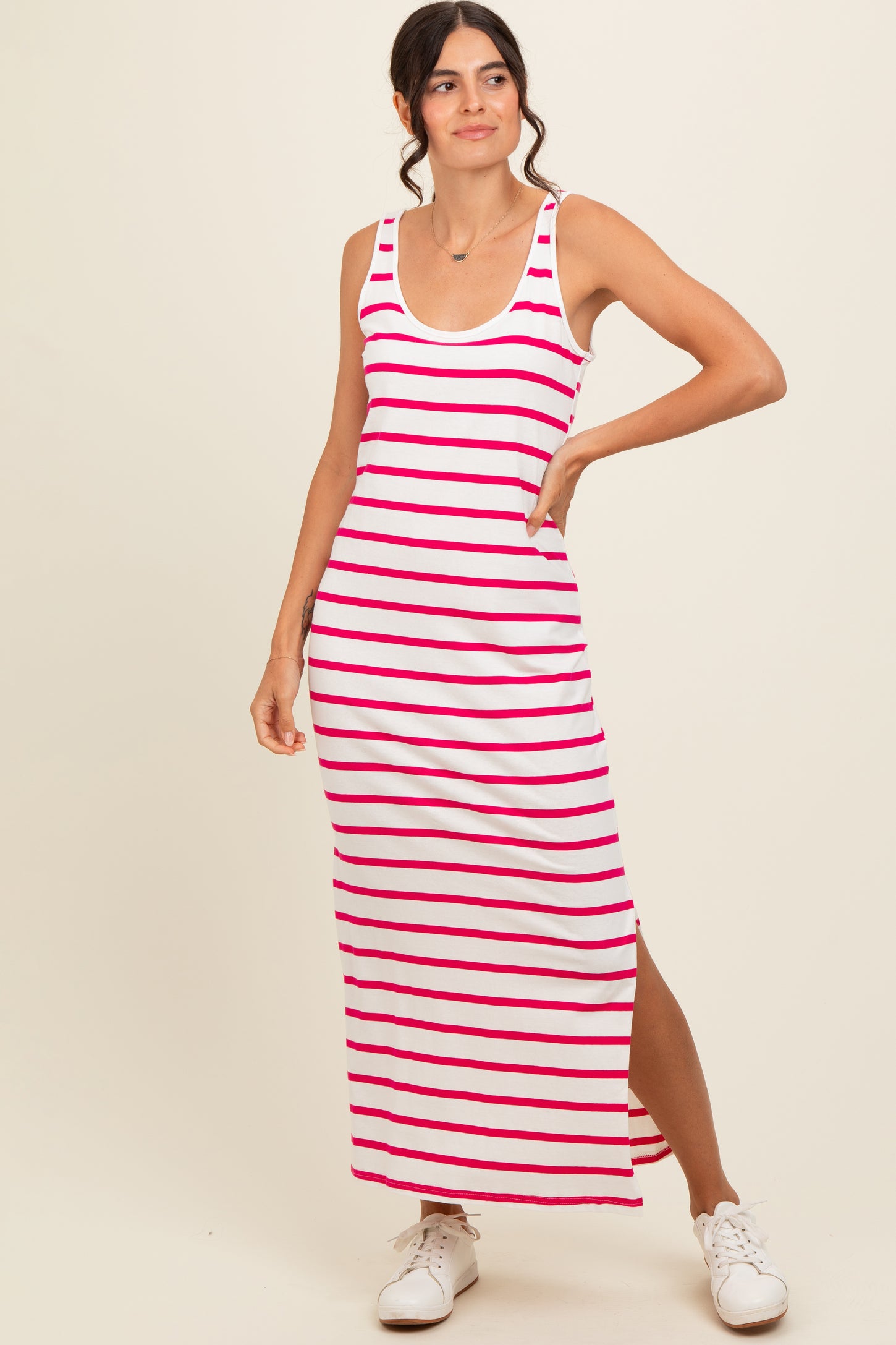 Fuchsia Striped Sleeveless Side Slit Maxi Dress