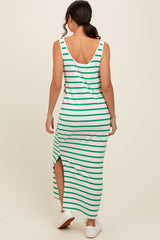 Green Striped Sleeveless Side Slit Maxi Dress