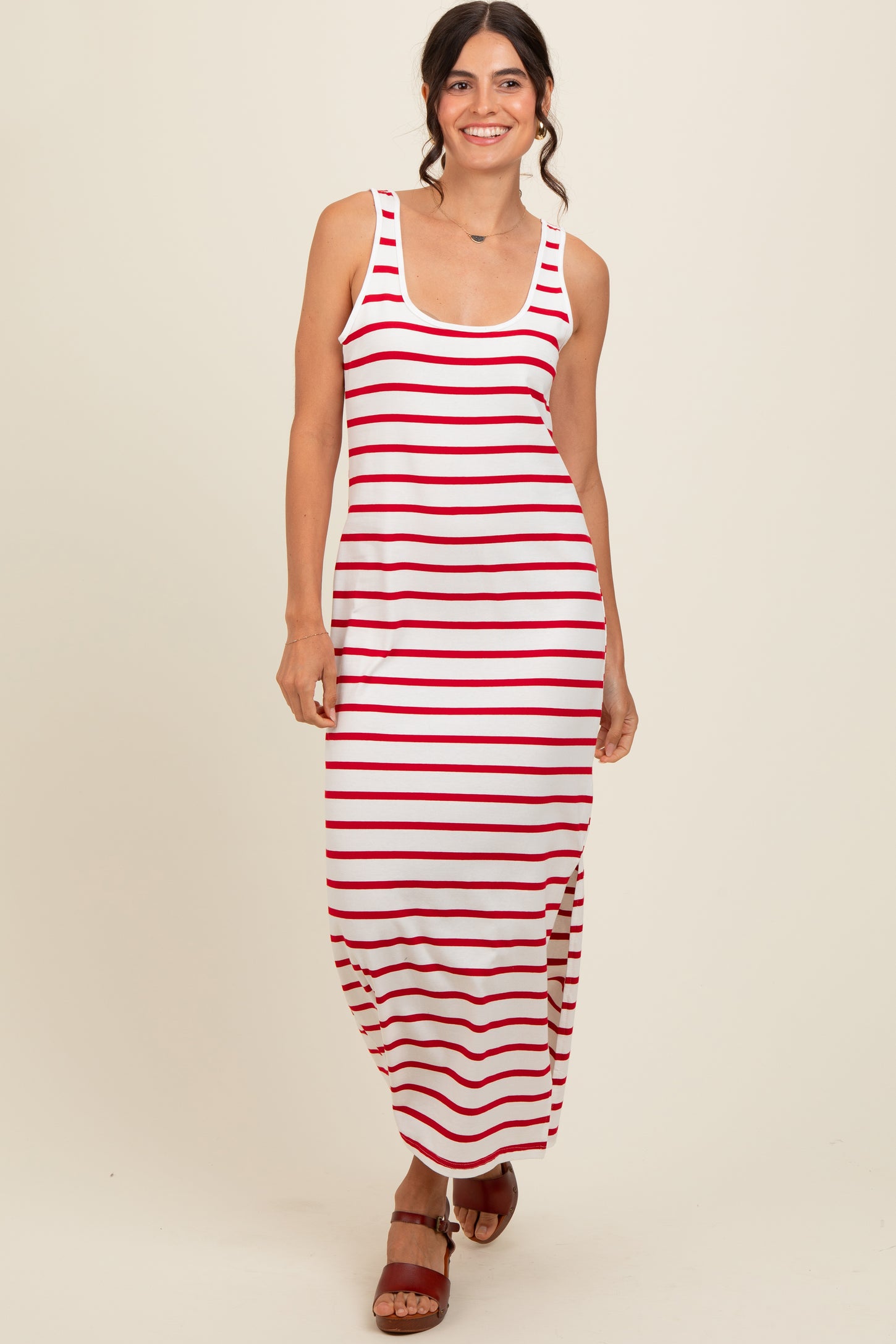 Red Striped Sleeveless Side Slit Maxi Dress