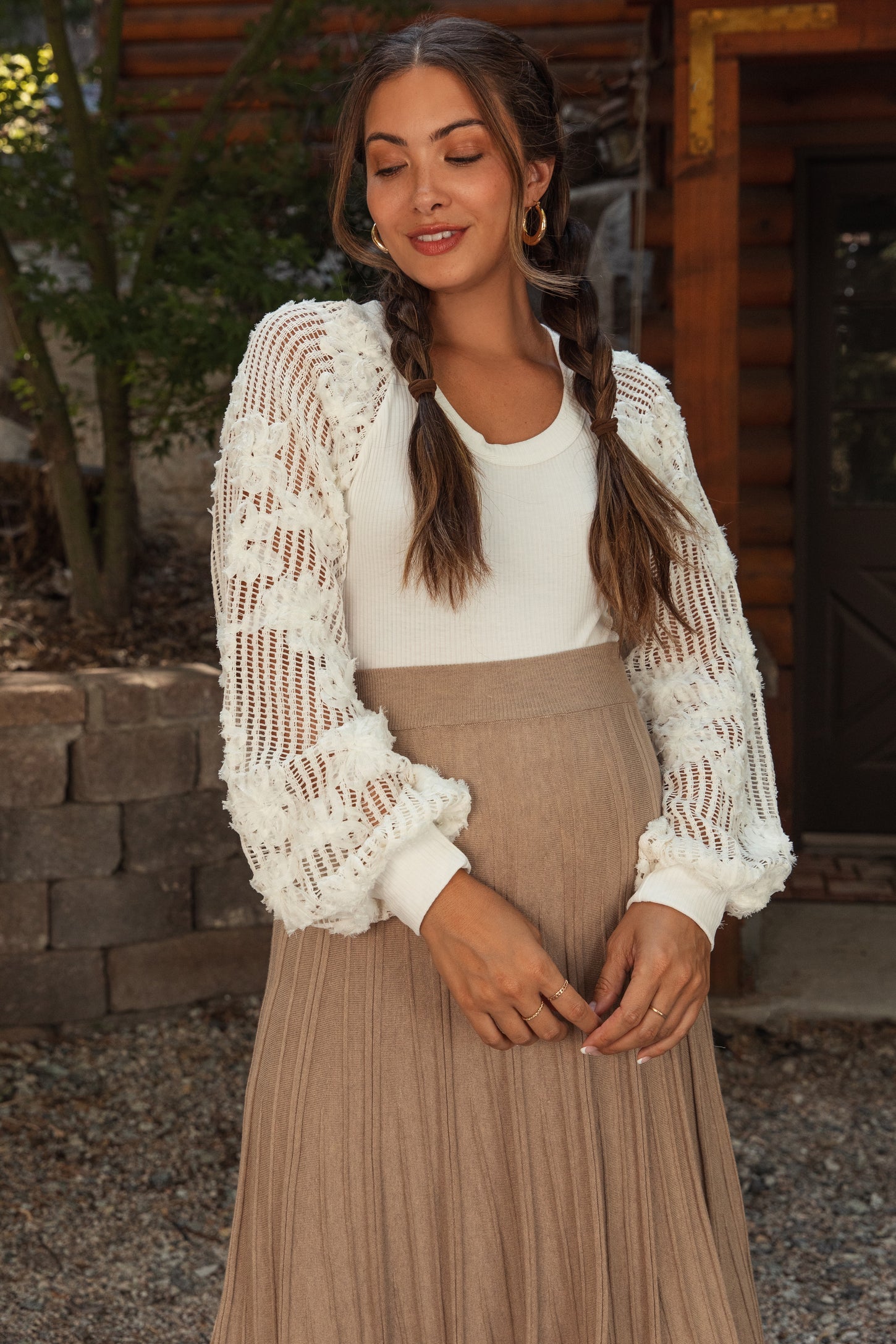Ivory Floral Lace Balloon Sleeve Maternity Top