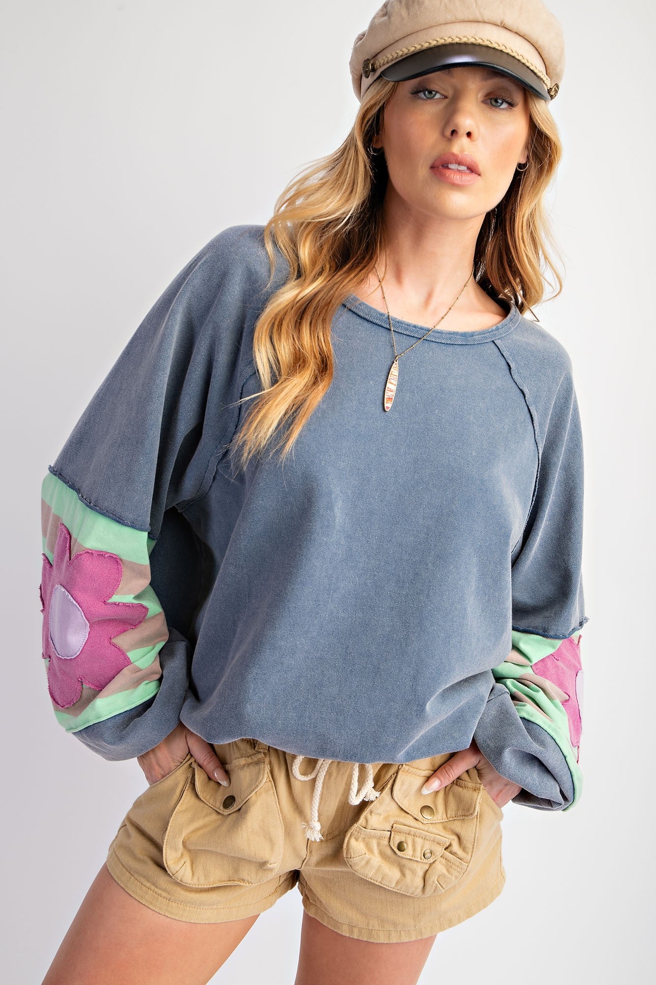 Navy Raw Edge Flower Patch Maternity Top