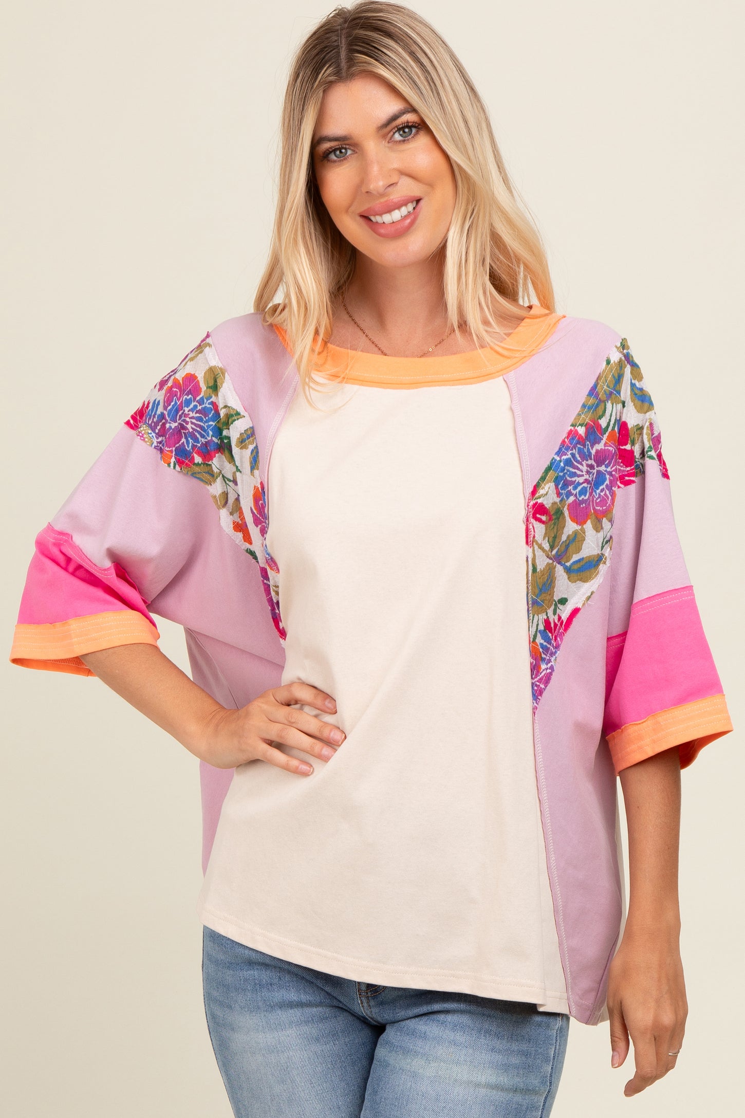 Lavender Floral Colorblock Raw Hem Maternity Oversized Top