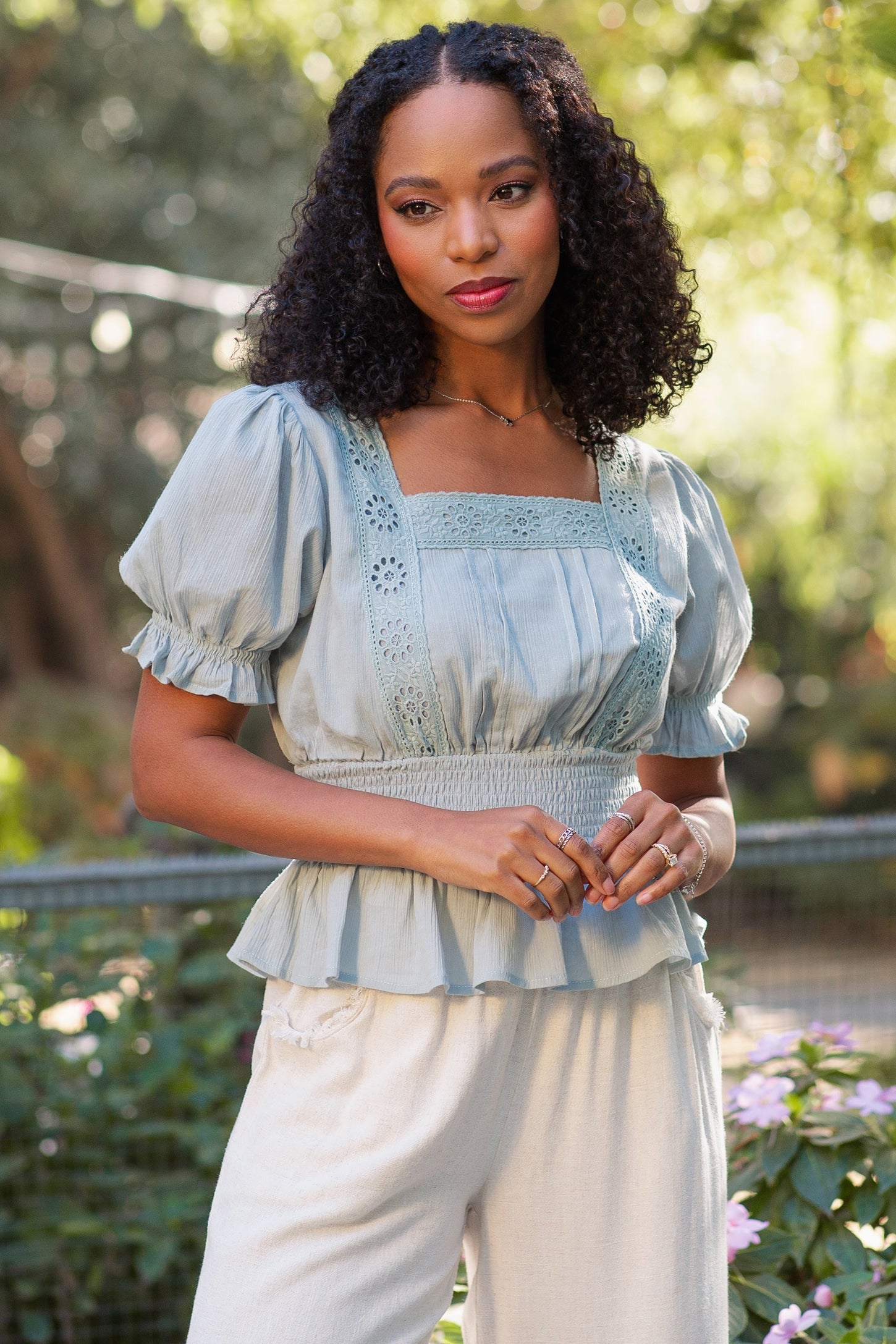 Dusty Sage Eyelet Square Neck Puff Sleeve Blouse