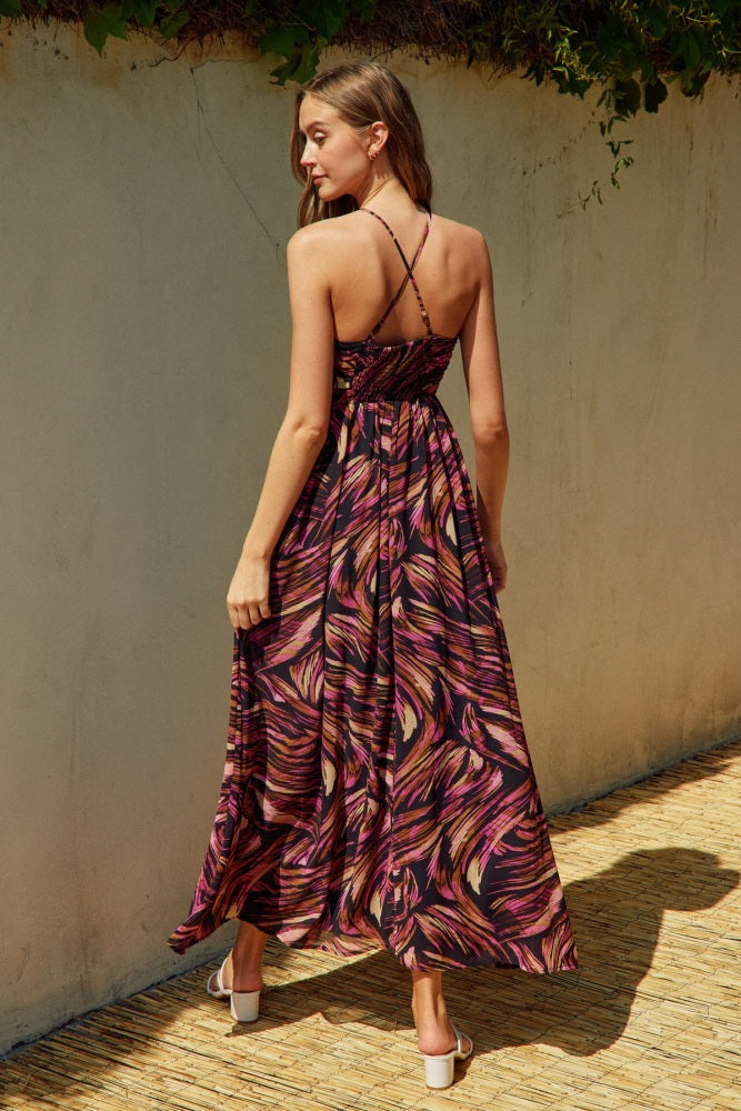 Black Printed Halter Cross Back Maxi Dress